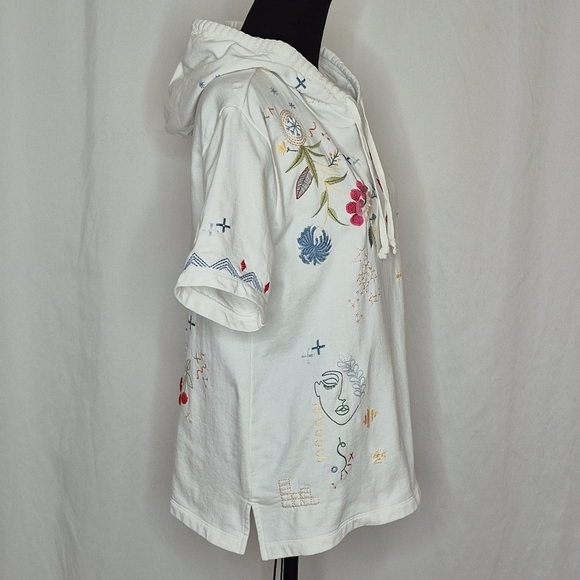 Johnny Was Cleo Short Sleeve Embroidered White French Terry Hoodie - Size S - Picture 3 of 16
